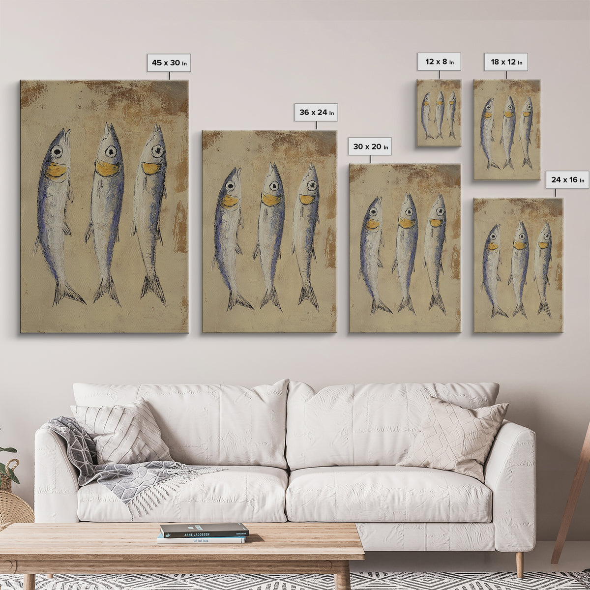 Rustic Three Sardines On Textured Beige Wall Art, Coastal Kitchen Decor, Nautical Fish Canvas Print For Beach House Dining Room