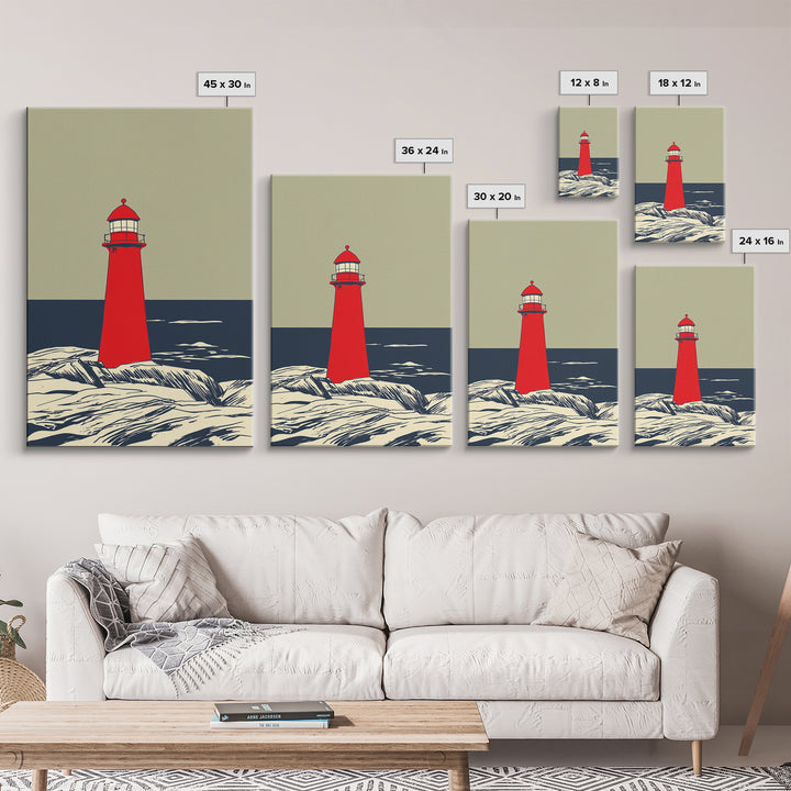 Red Lighthouse By Dark Sea Canvas Print, Nautical Wall Art, Coastal Beach House Decor, Ocean Poster For Living Room Home Decor