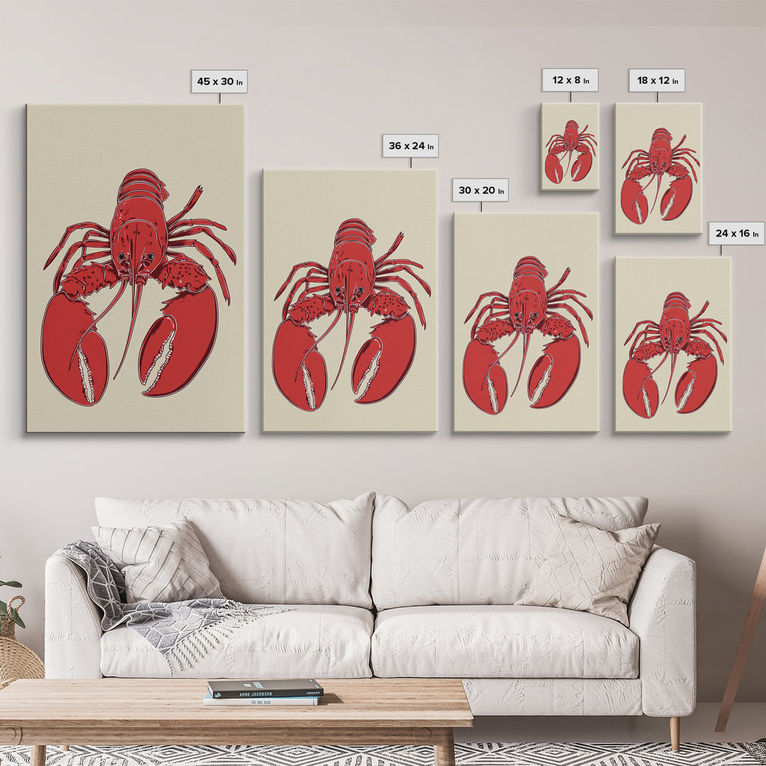 Bold Red Lobster Illustration Canvas Print, Coastal Kitchen Wall Art, Nautical Seafood Decor, Beach House Gift For Food Lovers