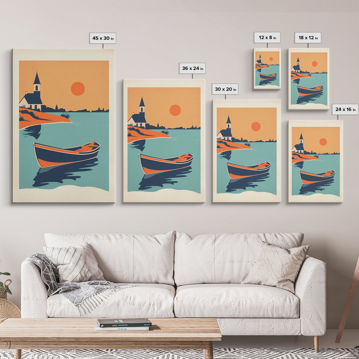 Orange Sunset Boat And Church Wall Art, Coastal Travel Poster, Lake House Decor, Nautical Canvas Print, Summer Beach Gift