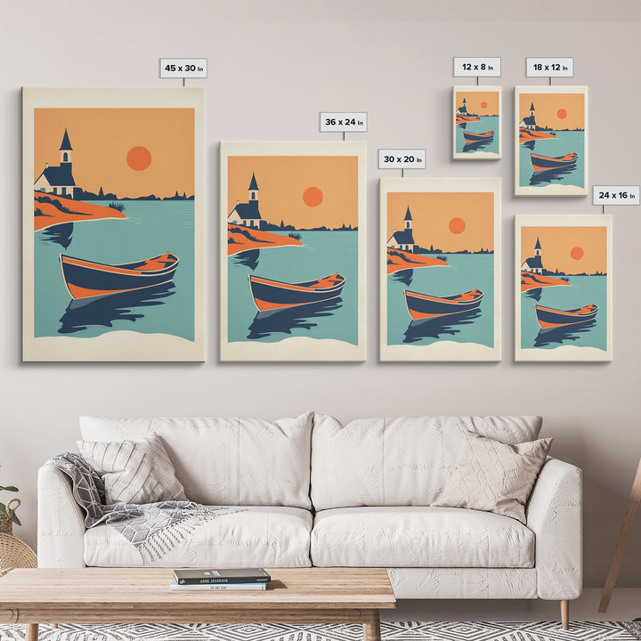 Orange Sunset Boat And Church Wall Art, Coastal Travel Poster, Lake House Decor, Nautical Canvas Print, Summer Beach Gift