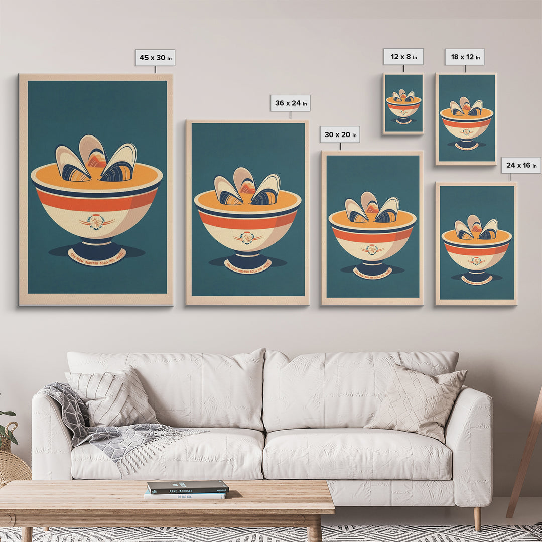 Retro Mussel Bowl Seafood Canvas Print, Coastal Kitchen Wall Art, Nautical Dining Room Decor, Shellfish Art Print Gift For Foodie