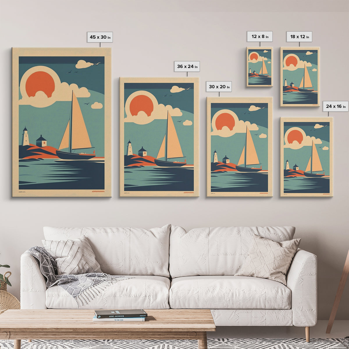 Art Deco Sailboat Lighthouse Sunset Wall Art, Coastal Travel Poster, Nautical Canvas Print, Beach House Decor Gift For Her