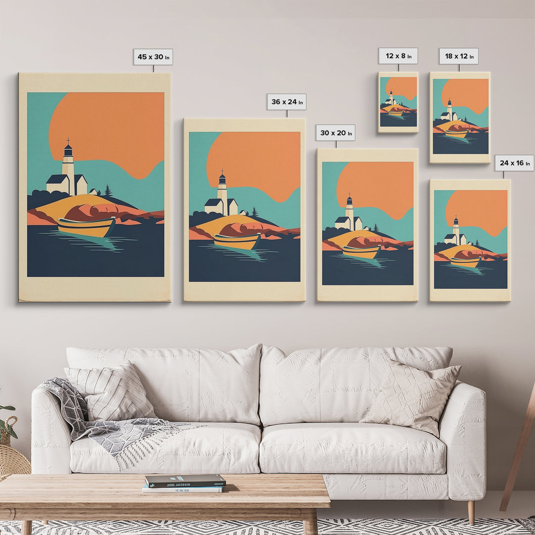 Lighthouse Cove With Rowboat Framed Canvas Print, Coastal Wall Art, Nautical Lake House Decor, Sunset Travel Poster Gift