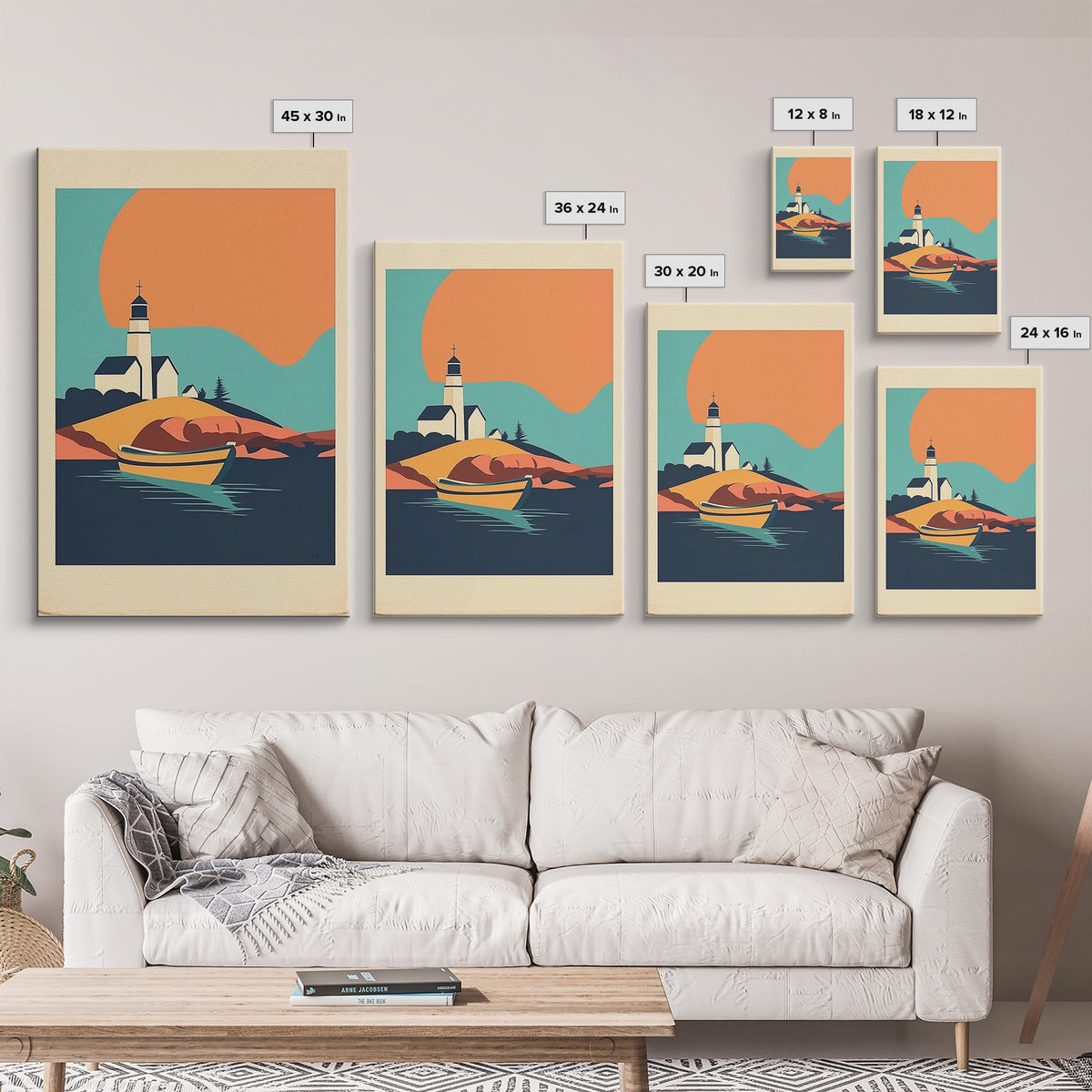 Lighthouse Cove With Rowboat Framed Canvas Print, Coastal Wall Art, Nautical Lake House Decor, Sunset Travel Poster Gift