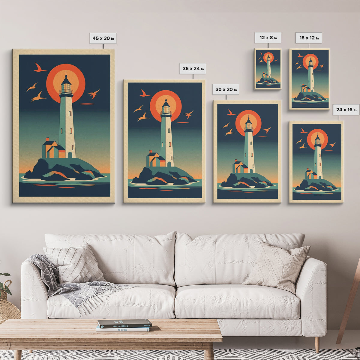 Retro Lighthouse At Sunset With Orange Sun And Seabirds Wall Art, Coastal Wall Decor, Nautical Art Print, Beach House Decor