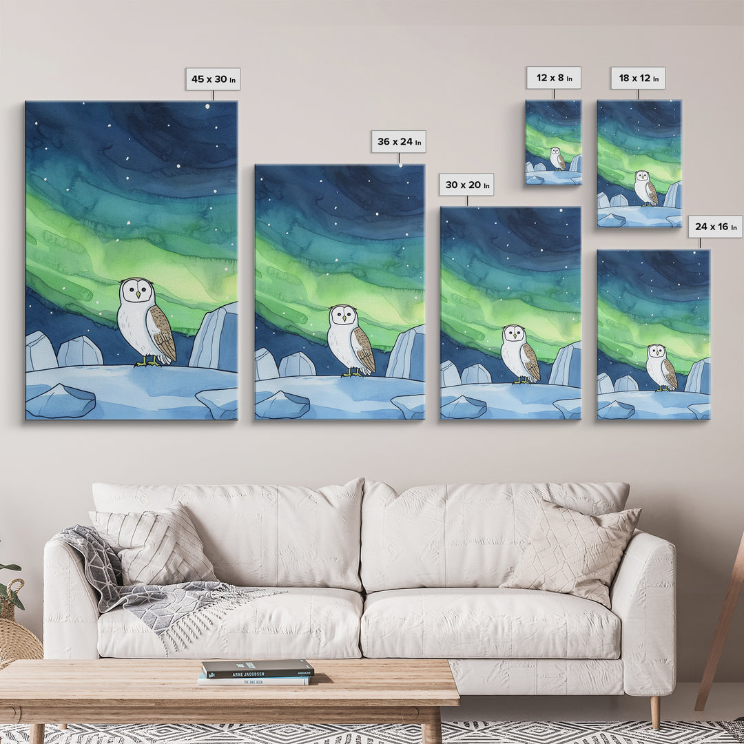 Snowy Owl Under Northern Lights Wall Art, Aurora Sky Canvas Print, Celestial Wall Decor, Arctic Nursery Art, Nature Gift