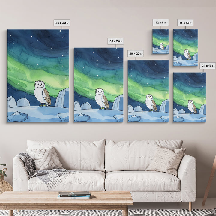 Snowy Owl Under Northern Lights Wall Art, Aurora Sky Canvas Print, Celestial Wall Decor, Arctic Nursery Art, Nature Gift