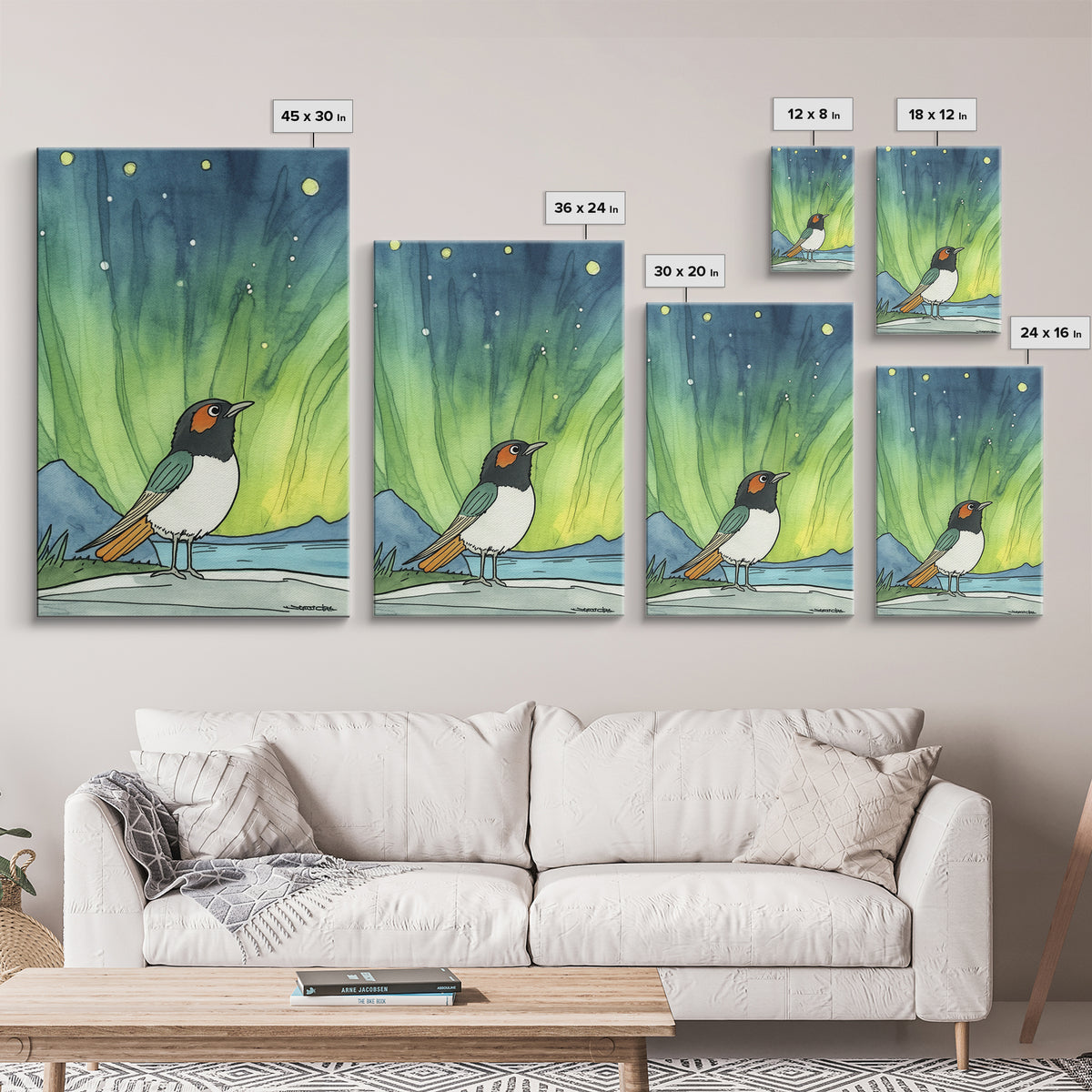 Robin Bird Beneath Green Northern Lights Canvas Print, Aurora Wall Art, Celestial Decor, Nature Wall Decor, Whimsical Art