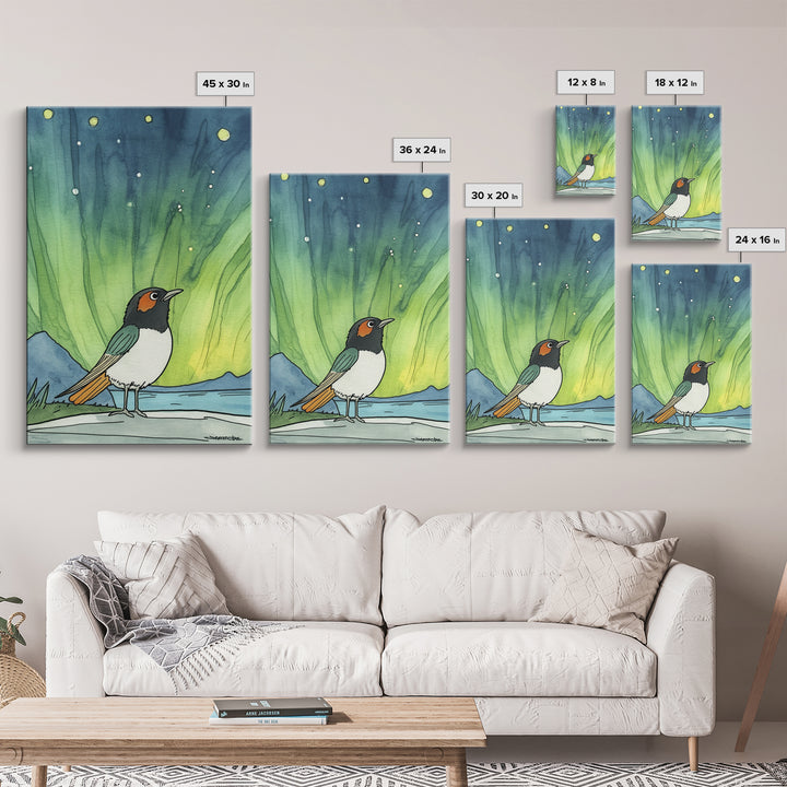 Robin Bird Beneath Green Northern Lights Canvas Print, Aurora Wall Art, Celestial Decor, Nature Wall Decor, Whimsical Art