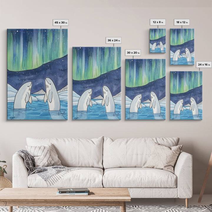 Northern Lights Beluga Whales Canvas Print, Aurora Borealis Ocean Wall Art, Arctic Nursery Decor, Coastal Wall Decor, Gift For Her