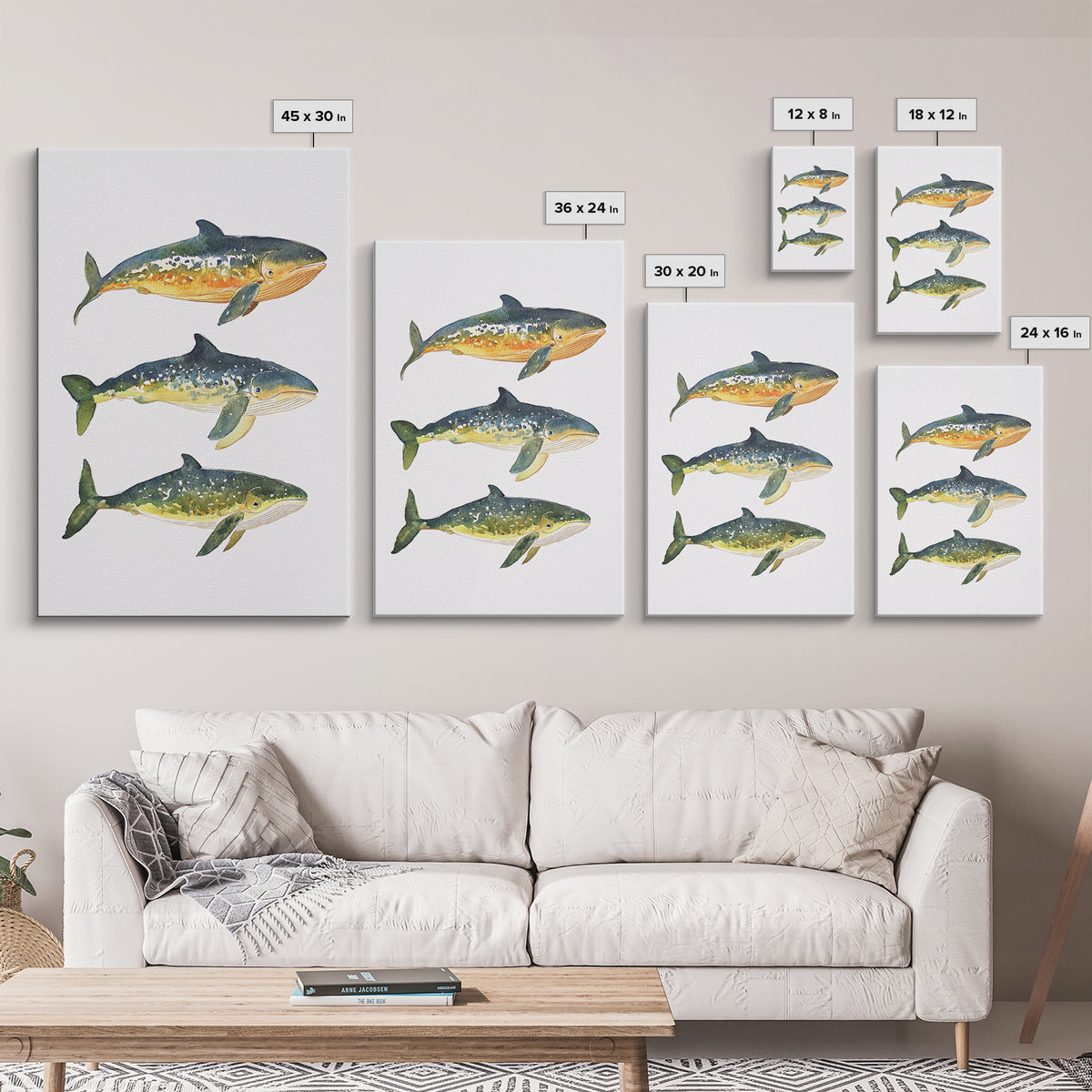 Three Colorful Whales Canvas Print, Marine Life Wall Art, Ocean Animal Art Print, Coastal Nursery Decor, Whale Lover Gift