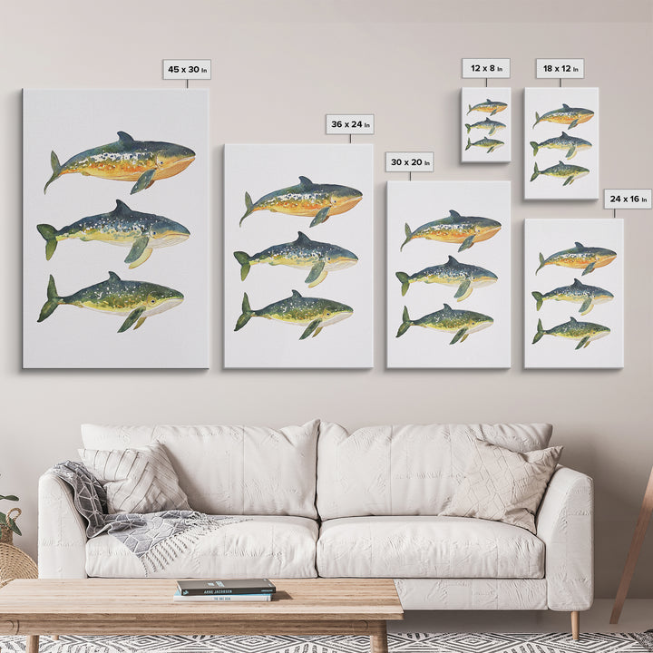 Three Colorful Whales Canvas Print, Marine Life Wall Art, Ocean Animal Art Print, Coastal Nursery Decor, Whale Lover Gift