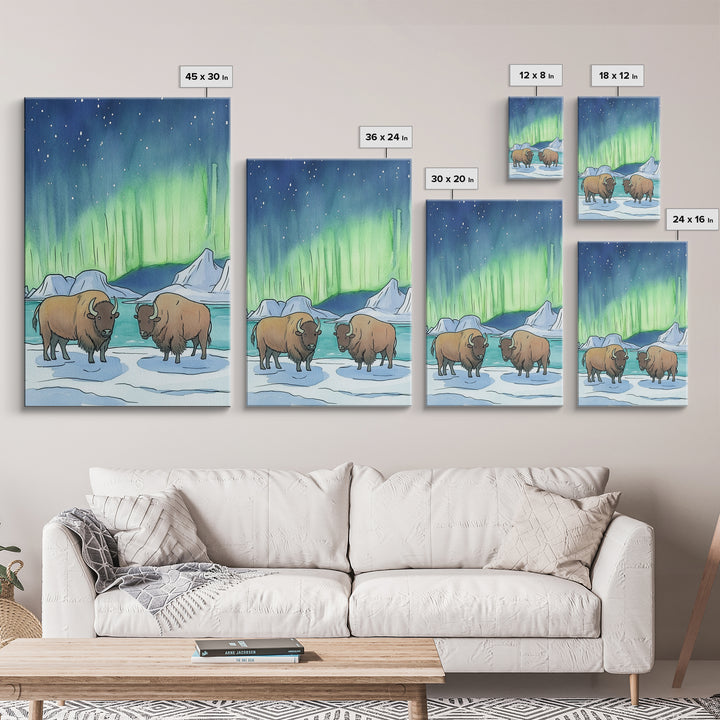 Aurora Bison In Snow Framed Canvas Print, Northern Lights Wall Art, Rustic Wildlife Art, Winter Nature Decor, Cabin Decor