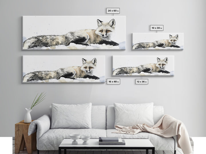 Resting Arctic Fox In Snow Canvas Print, Winter Wildlife Wall Art, Neutral Woodland Decor, Minimalist Animal Art, Bedroom Decor Gift