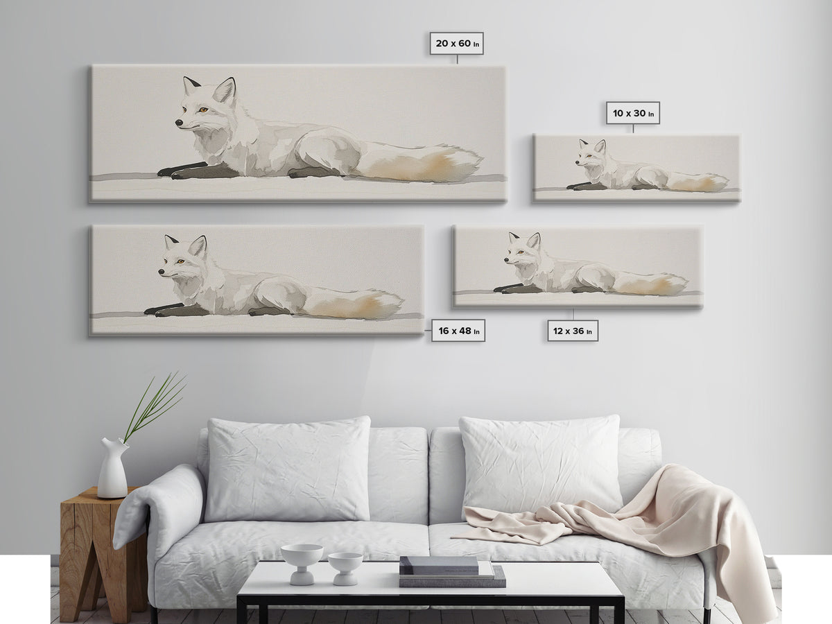White Arctic Fox Minimalist Wall Art, Neutral Wildlife Canvas Print, Scandinavian Woodland Decor, Serene Animal Art Gift