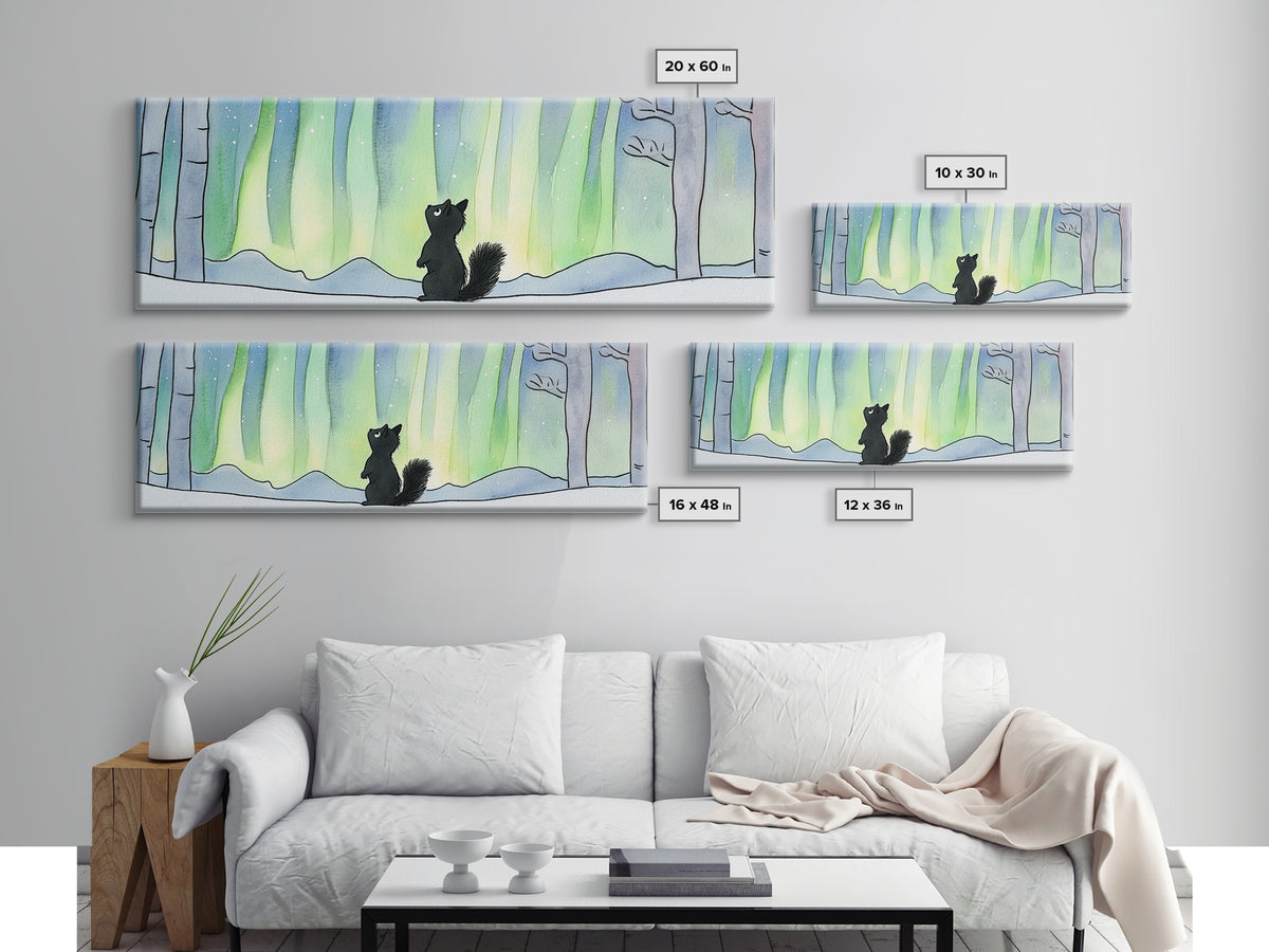 Black Squirrel Under Aurora Forest Wall Art, Winter Woodland Animal Print, Cute Nursery Decor, Northern Lights Wall Decor