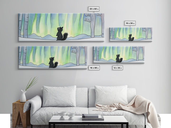 Black Squirrel Under Aurora Forest Wall Art, Winter Woodland Animal Print, Cute Nursery Decor, Northern Lights Wall Decor