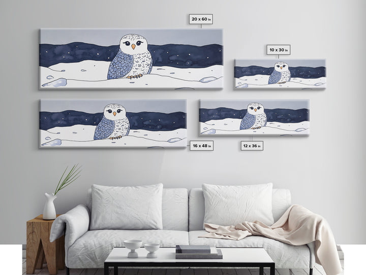 Cute Snowy Owl In Winter Snow Canvas Print, Arctic Bird Wall Art, Nursery Animal Decor, Blue Night Landscape Art Print Gift