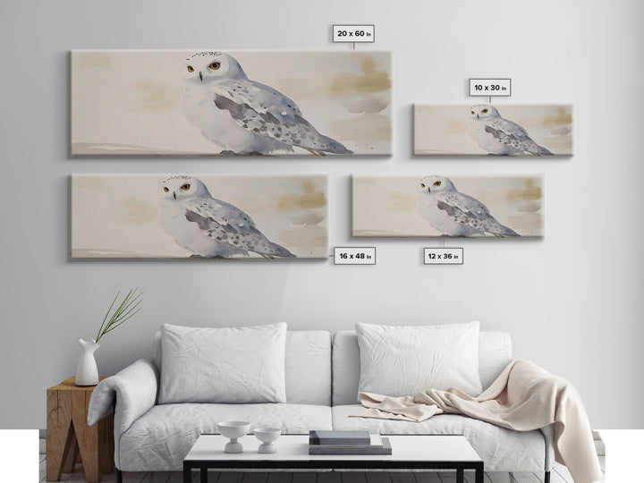 Snowy Owl In Soft Beige Sky Framed Canvas Print, Arctic Bird Wall Art, Neutral Wildlife Decor, Minimalist Nature Print Gift