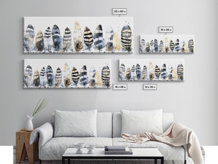 Watercolor Feather Collection Wall Art, Boho Bird Feather Canvas Print, Neutral Nature Decor, Rustic Gallery Wall Print Set
