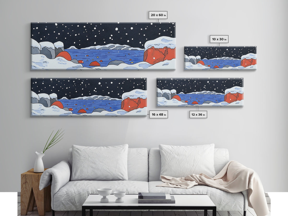 Snowy Arctic Cove With Red Rocks Wall Art, Winter Seascape Canvas Print, Coastal Landscape Decor, Ocean Art Print Home Decor