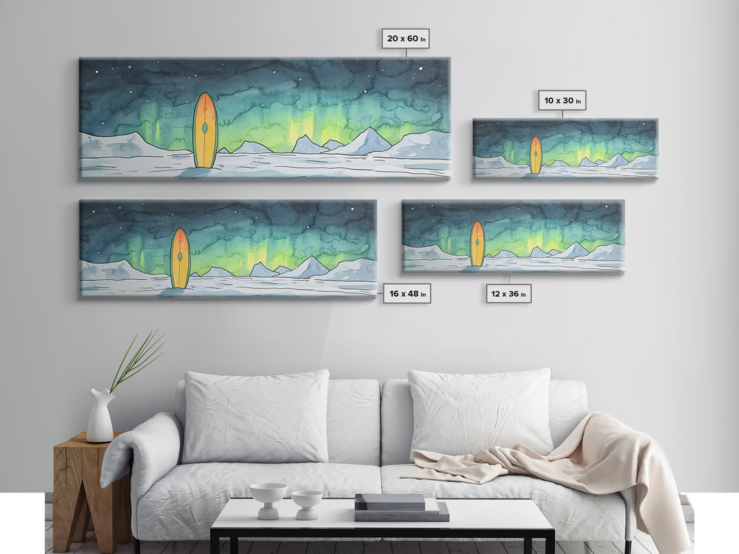 Aurora Surfboard Arctic Mountains Wall Art, Panoramic Canvas Print, Coastal Cabin Decor, Winter Landscape Gift For Beach House