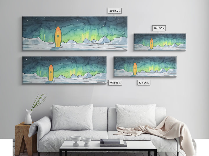 Aurora Surfboard Arctic Mountains Wall Art, Panoramic Canvas Print, Coastal Cabin Decor, Winter Landscape Gift For Beach House
