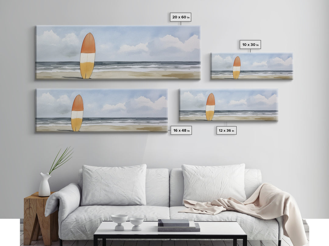 Orange Surfboard On Misty Beach Wall Art, Framed Canvas Print, Coastal Wall Decor, Surf Poster For Beach House Decor Living Room Art