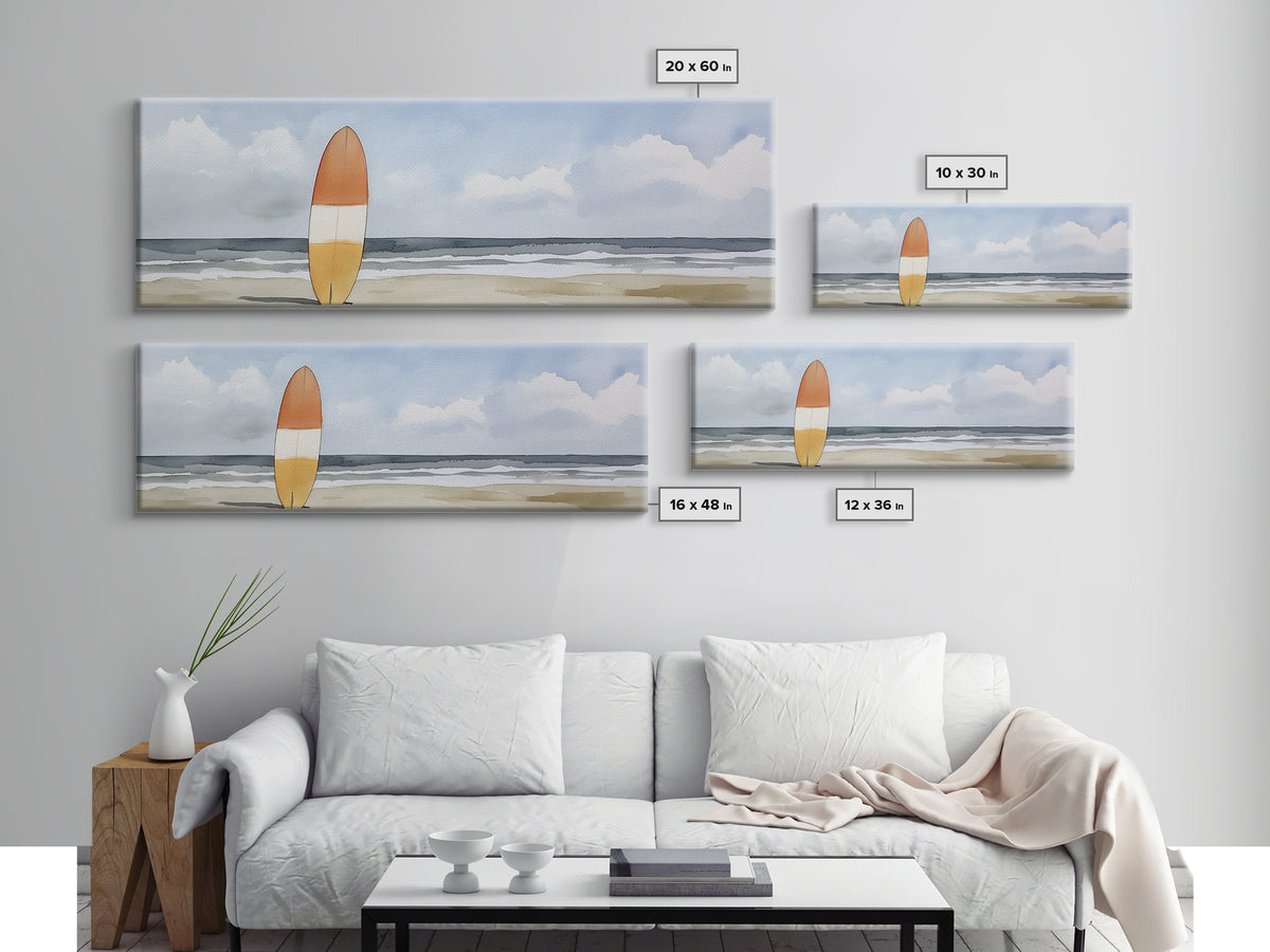 Orange Surfboard On Misty Beach Wall Art, Framed Canvas Print, Coastal Wall Decor, Surf Poster For Beach House Decor Living Room Art