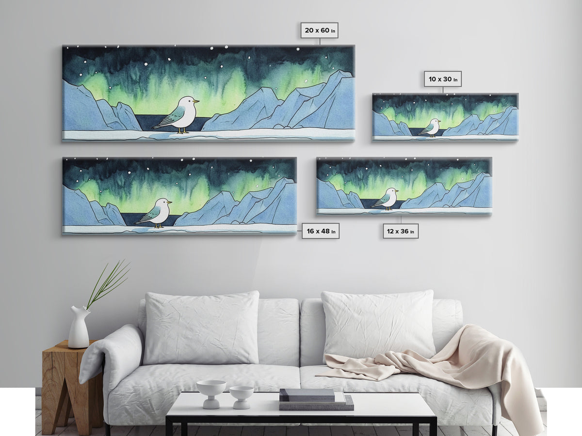 Seagull Under Aurora Mountains Wall Art, Panoramic Canvas Print, Coastal Bird Art, Nautical Nursery Decor, Ocean Gift For Her