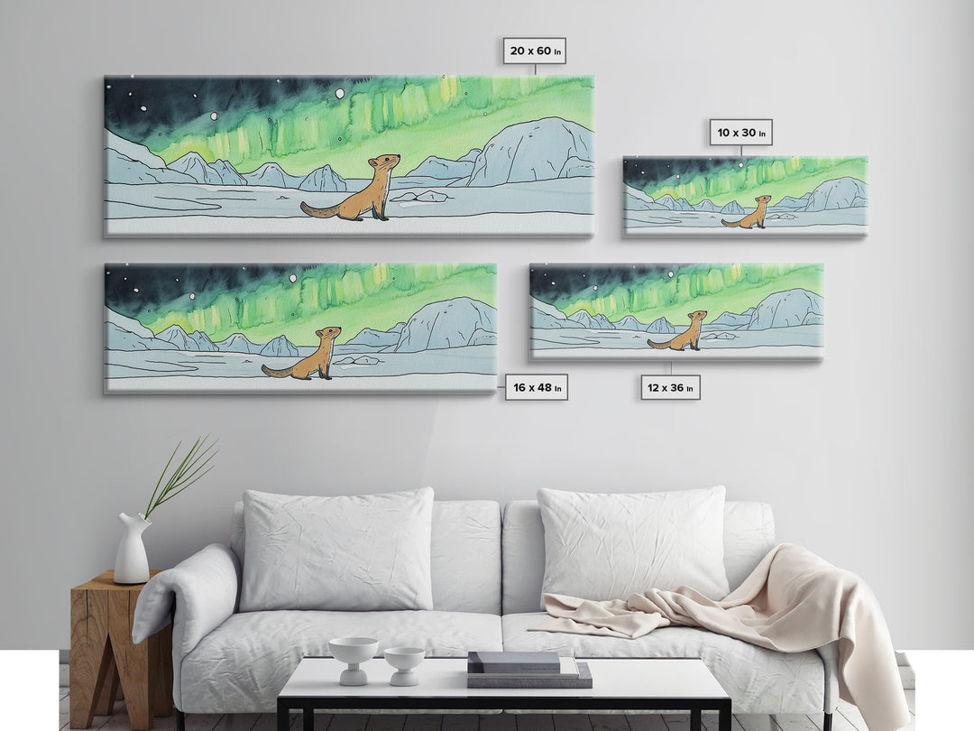 Playful Arctic Weasel Under Aurora Wall Art, Framed Canvas Print, Wildlife Wall Decor, Whimsical Nursery Art Gift For Kids Room
