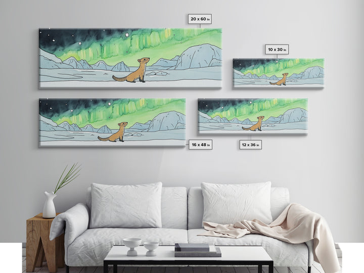 Playful Arctic Weasel Under Aurora Wall Art, Framed Canvas Print, Wildlife Wall Decor, Whimsical Nursery Art Gift For Kids Room