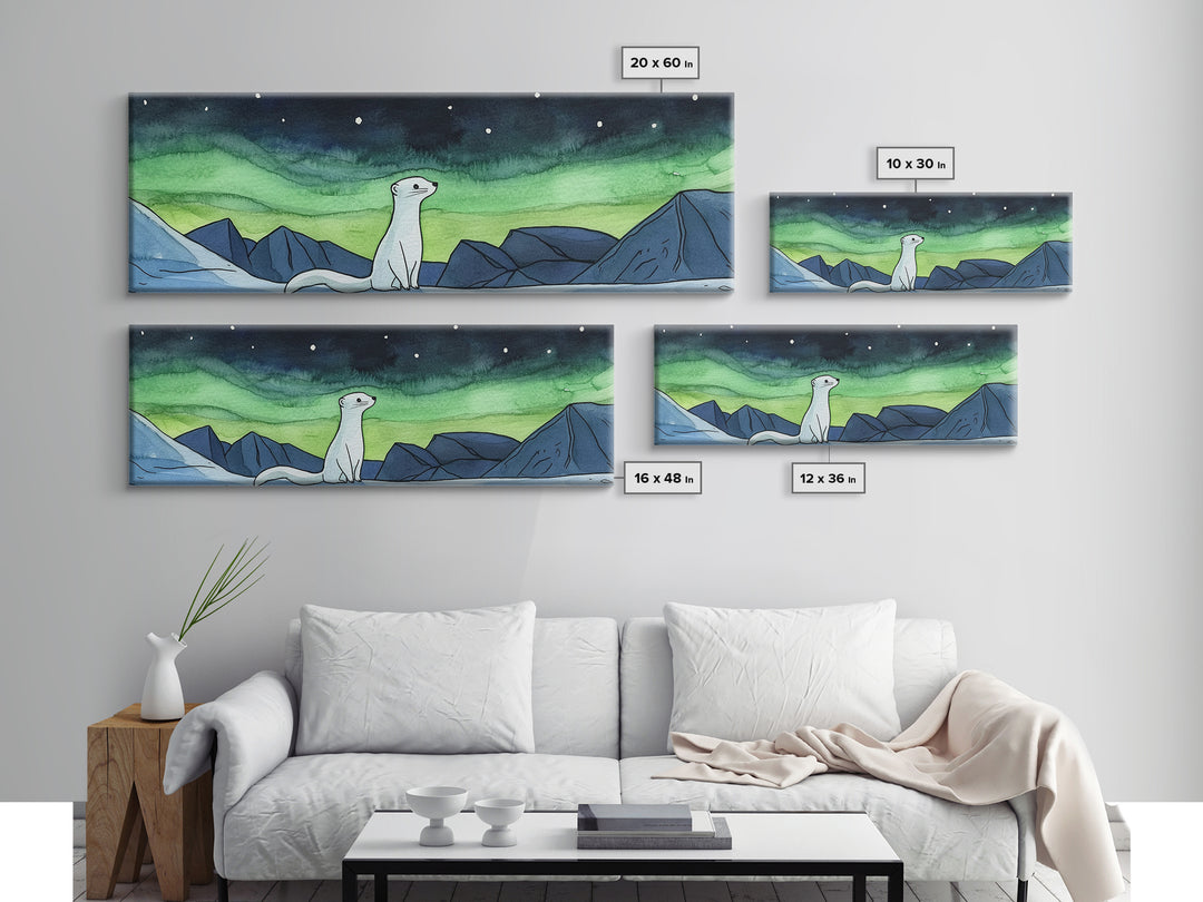 White Arctic Ermine Aurora Mountains Wall Art, Panoramic Canvas Print, Wildlife Wall Decor, Winter Nursery Art For Kids Room