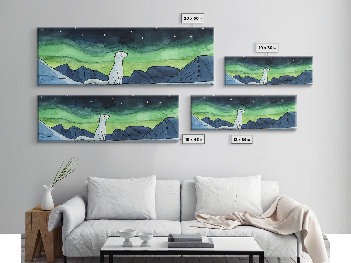 White Arctic Ermine Aurora Mountains Wall Art, Panoramic Canvas Print, Wildlife Wall Decor, Winter Nursery Art For Kids Room