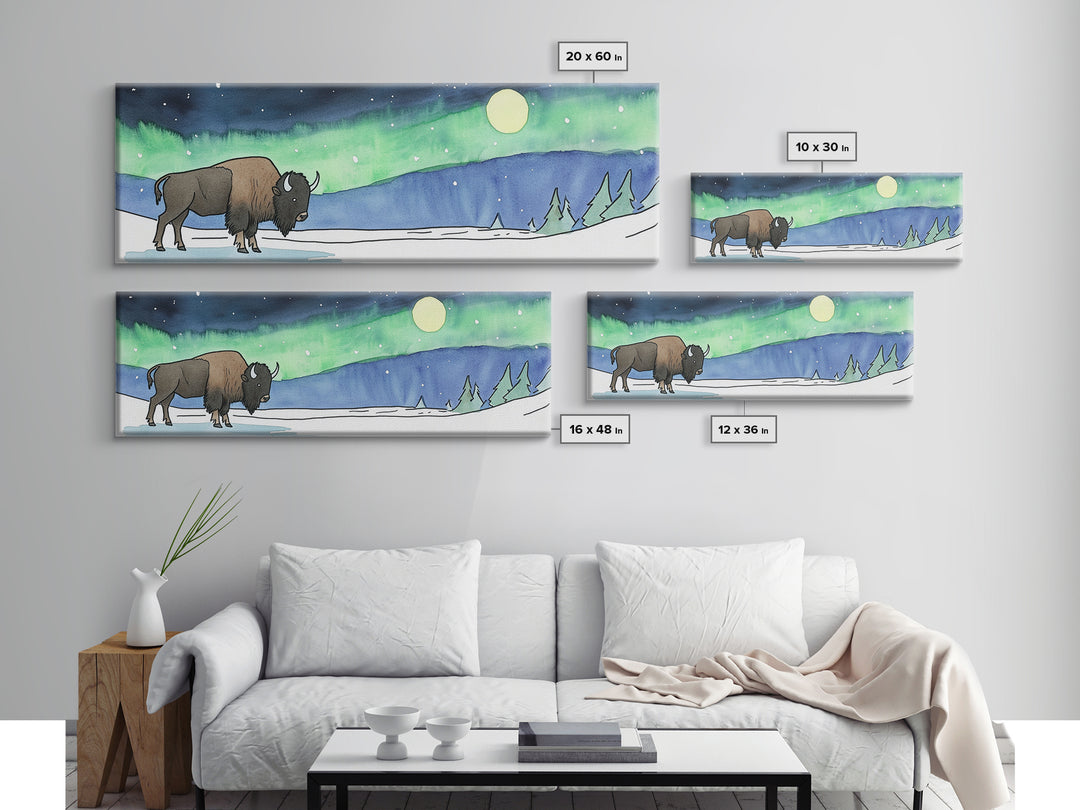 Snowy Bison Under Aurora Moon Wall Art, Wildlife Framed Canvas Print, Rustic Lodge Decor, Winter Landscape Art, Cabin Gift