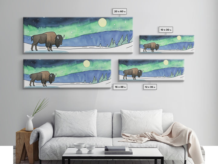Snowy Bison Under Aurora Moon Wall Art, Wildlife Framed Canvas Print, Rustic Lodge Decor, Winter Landscape Art, Cabin Gift