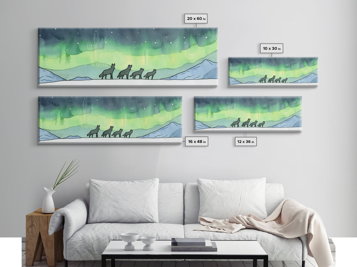 Howling Wolves Beneath Northern Lights Wall Art, Wildlife Canvas Print, Winter Mountain Decor, Aurora Landscape Print, Cabin Art