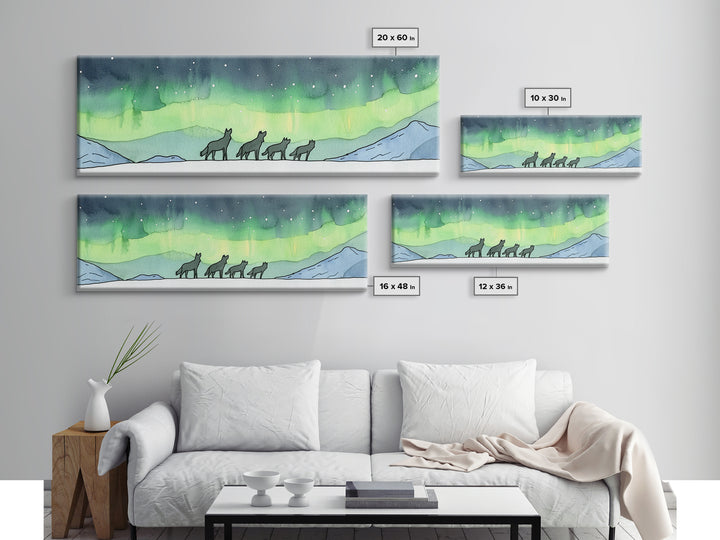Howling Wolves Beneath Northern Lights Wall Art, Wildlife Canvas Print, Winter Mountain Decor, Aurora Landscape Print, Cabin Art