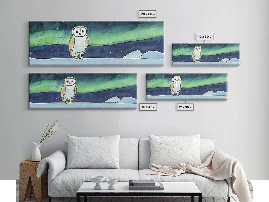 Whimsical Barn Owl Under Aurora Wall Art, Arctic Night Canvas Print, Nursery Decor, Celestial Kids Room Gift, Bedroom Decor