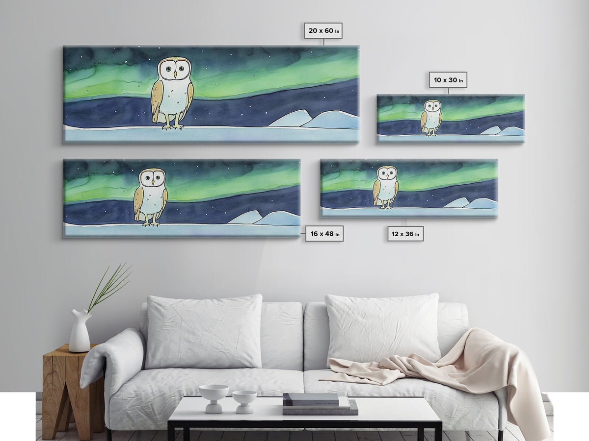 Whimsical Barn Owl Under Aurora Wall Art, Arctic Night Canvas Print, Nursery Decor, Celestial Kids Room Gift, Bedroom Decor