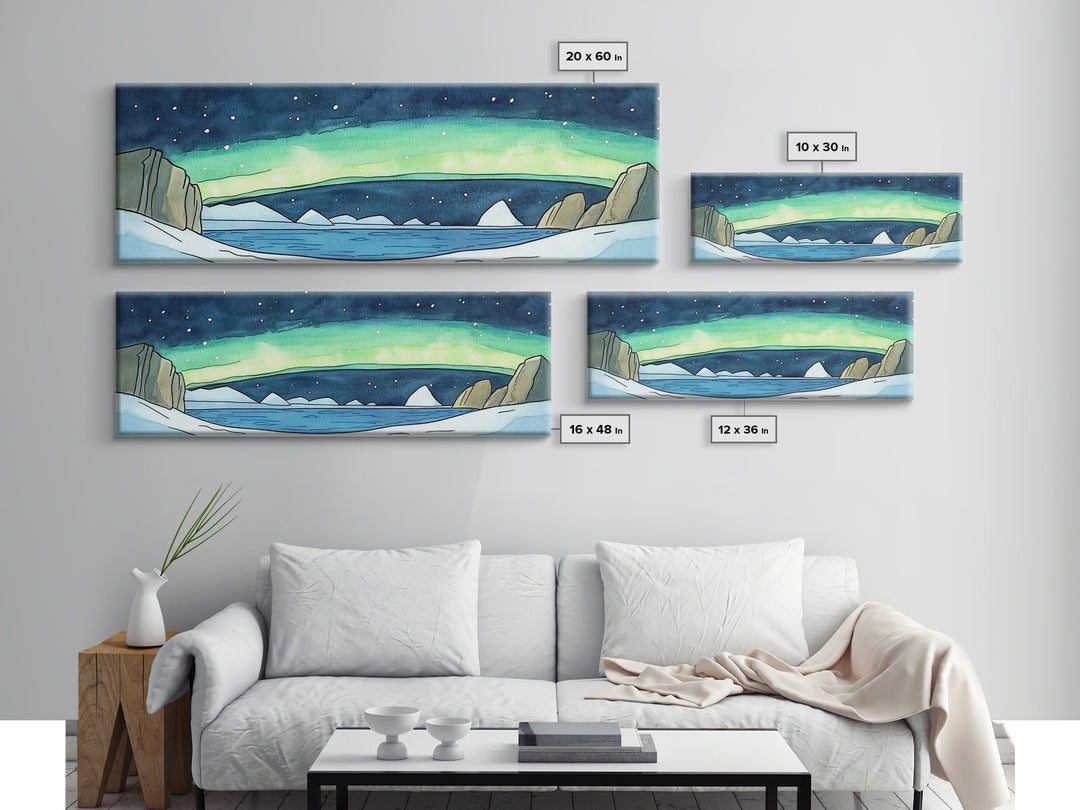 Arctic Aurora Over Icy Sea Wall Art, Northern Lights Landscape Canvas Print, Panoramic Coastal Decor, Statement Artwork Gift