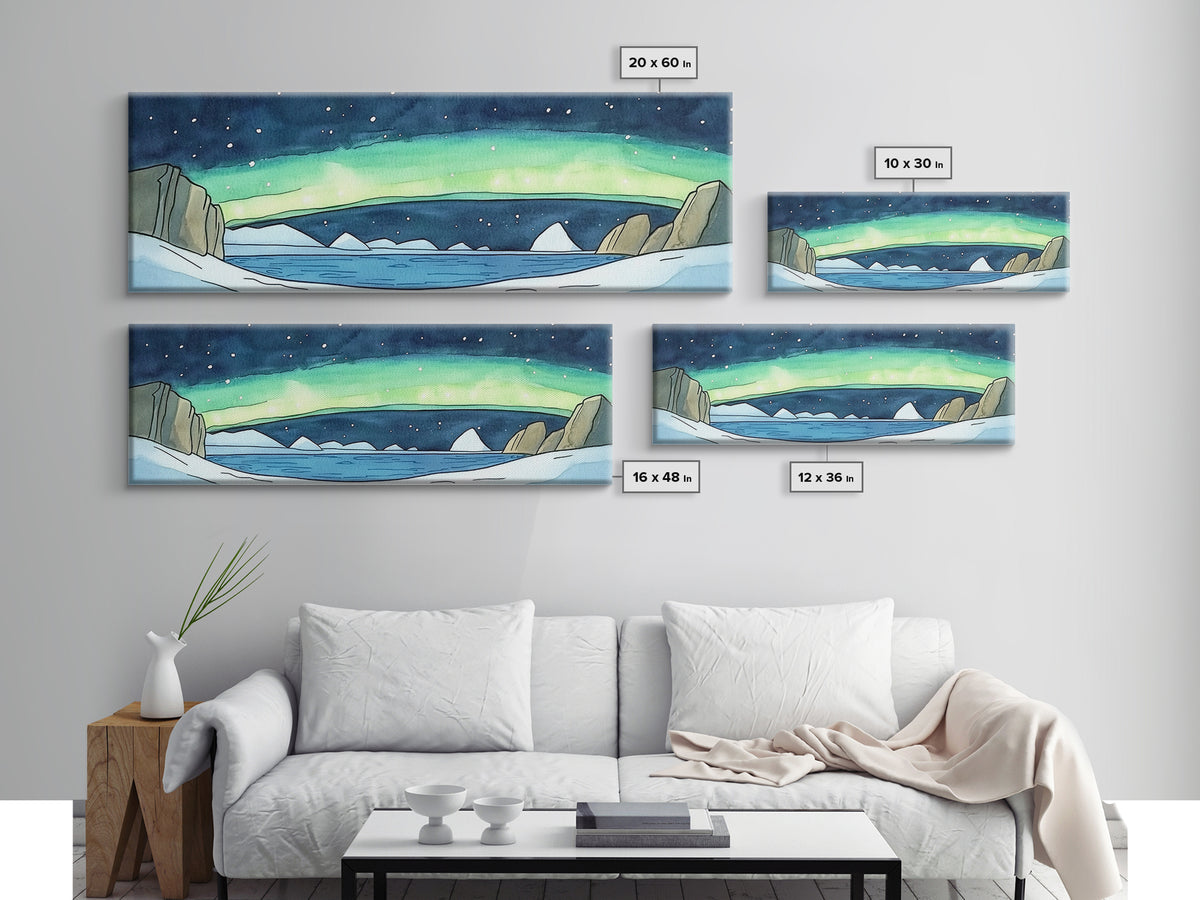 Arctic Aurora Over Icy Sea Wall Art, Northern Lights Landscape Canvas Print, Panoramic Coastal Decor, Statement Artwork Gift