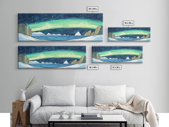 Arctic Aurora Over Icy Sea Wall Art, Northern Lights Landscape Canvas Print, Panoramic Coastal Decor, Statement Artwork Gift