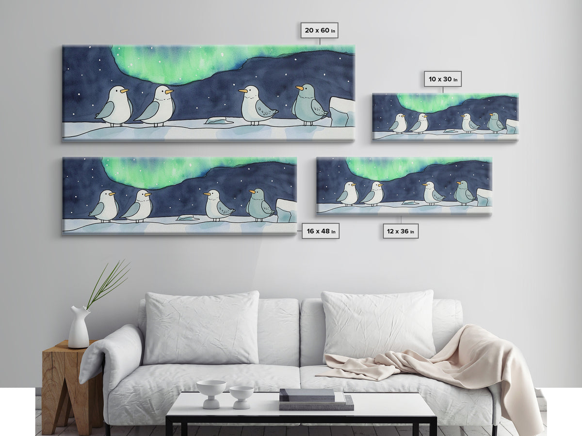 Penguins Under Northern Lights Canvas Print, Arctic Bird Wall Art, Winter Nursery Decor, Celestial Christmas Gift For Her