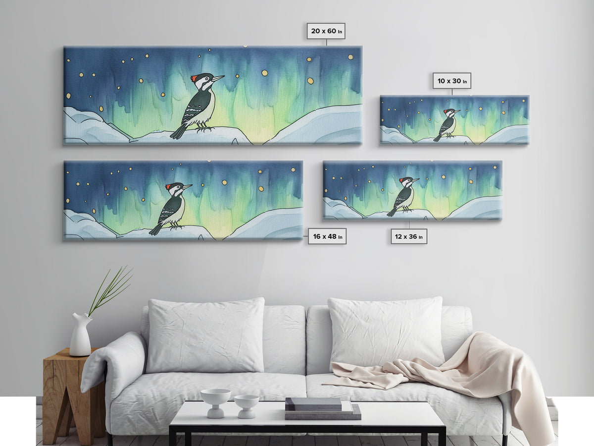 Aurora Woodpecker On Snowy Branch Canvas Print, Nordic Bird Wall Decor, Wildlife Art Print, Winter Nursery Decor Gift For Bird Lovers