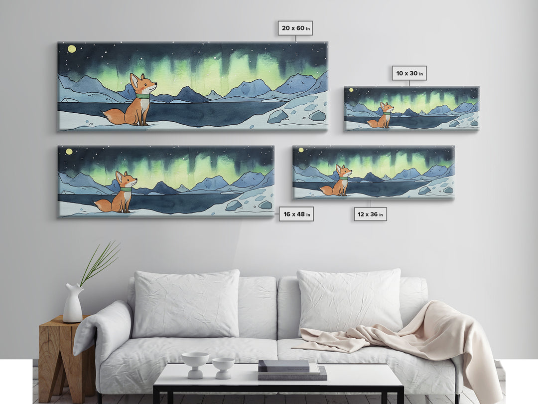 Fox Under Northern Lights By Mountain Lake Wall Art, Winter Landscape Print, Woodland Animal Decor, Cozy Cabin Gift For Nature Lovers