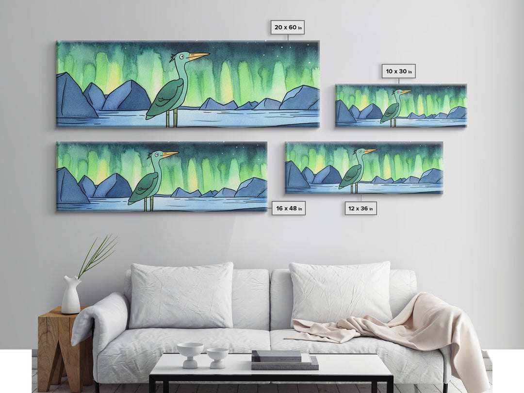 Green Heron Beneath Northern Lights Canvas Print, Arctic Lake Landscape Wall Decor, Japandi Bird Art, Modern Nursery Gift
