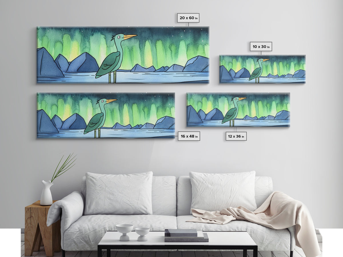 Green Heron Beneath Northern Lights Canvas Print, Arctic Lake Landscape Wall Decor, Japandi Bird Art, Modern Nursery Gift