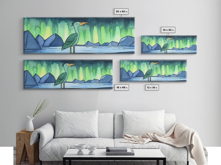 Green Heron Beneath Northern Lights Canvas Print, Arctic Lake Landscape Wall Decor, Japandi Bird Art, Modern Nursery Gift